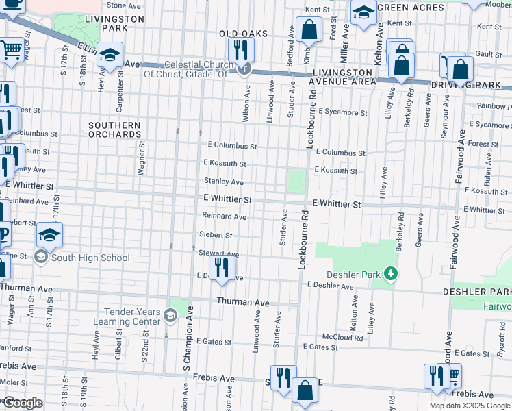map of restaurants, bars, coffee shops, grocery stores, and more near 1085 Linwood Avenue in Columbus
