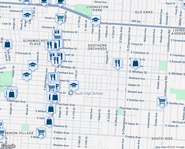 map of restaurants, bars, coffee shops, grocery stores, and more near 737 East Whittier Street in Columbus