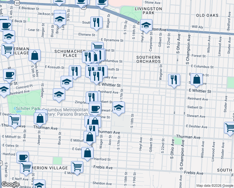 map of restaurants, bars, coffee shops, grocery stores, and more near 618 Reinhard Avenue in Columbus