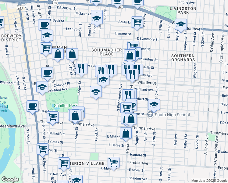 map of restaurants, bars, coffee shops, grocery stores, and more near 402 Reinhard Avenue in Columbus