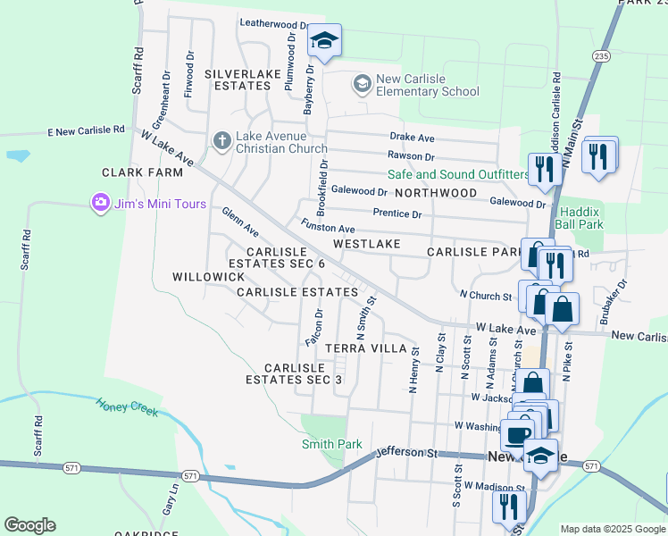 map of restaurants, bars, coffee shops, grocery stores, and more near 501 Gerald Avenue in New Carlisle