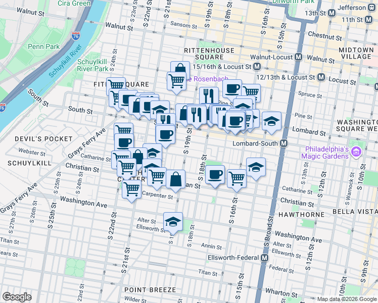 map of restaurants, bars, coffee shops, grocery stores, and more near in Philadelphia
