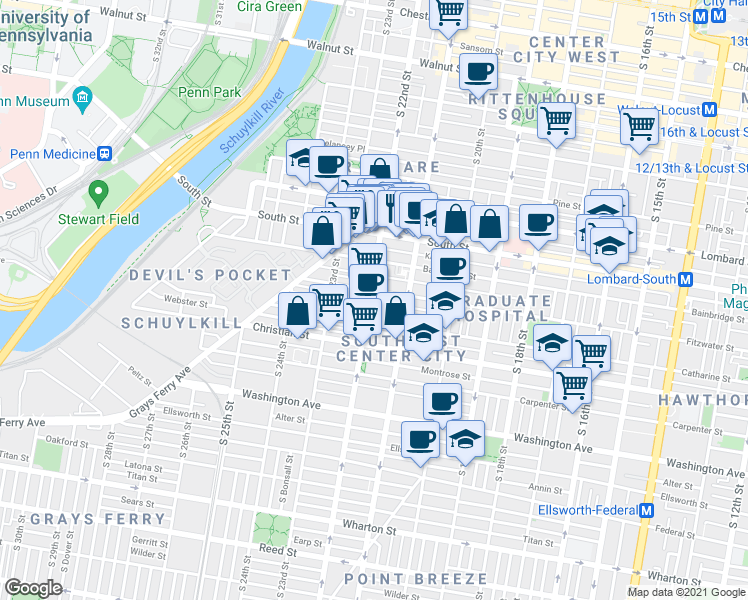 map of restaurants, bars, coffee shops, grocery stores, and more near 745 South 22nd Street in Philadelphia