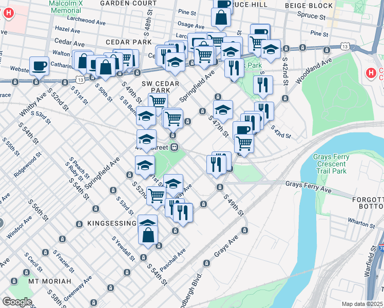 map of restaurants, bars, coffee shops, grocery stores, and more near 1203 South 49th Street in Philadelphia
