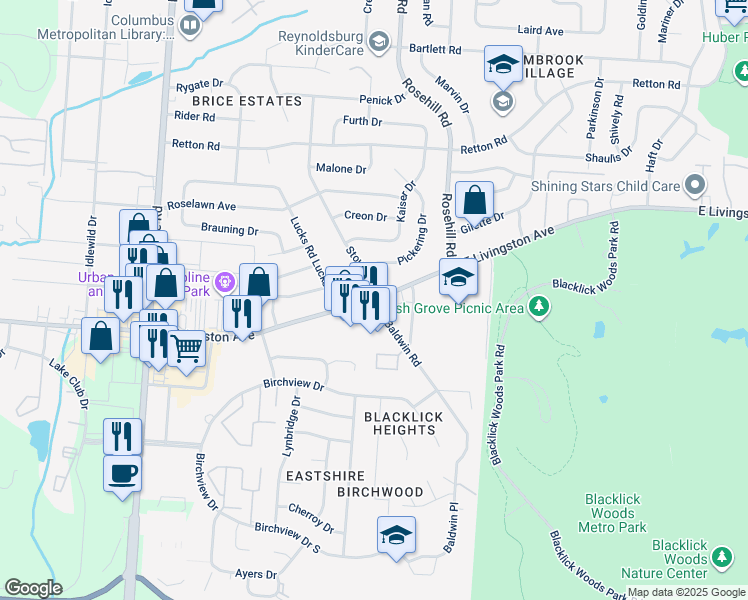map of restaurants, bars, coffee shops, grocery stores, and more near E Livingston Ave & Baldwin Rd in Reynoldsburg