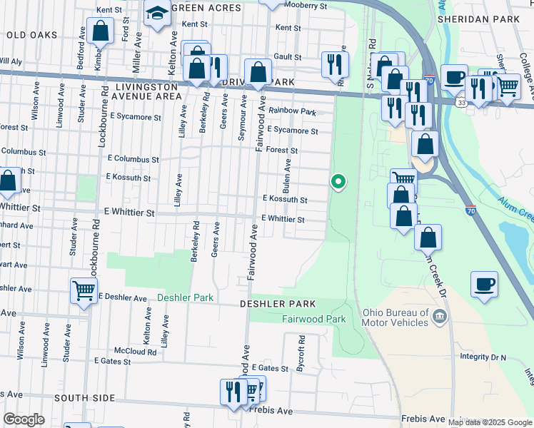 map of restaurants, bars, coffee shops, grocery stores, and more near 1608 East Whittier Street in Columbus