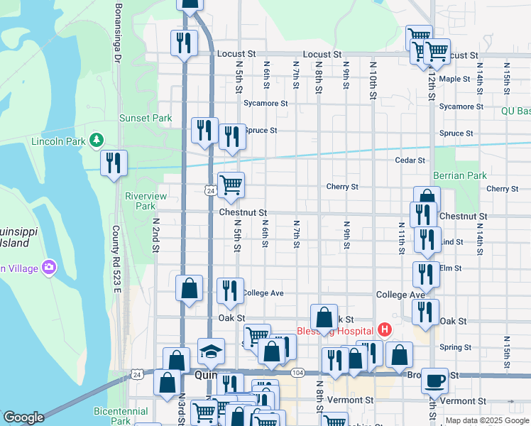 map of restaurants, bars, coffee shops, grocery stores, and more near 600 Chestnut Street in Quincy