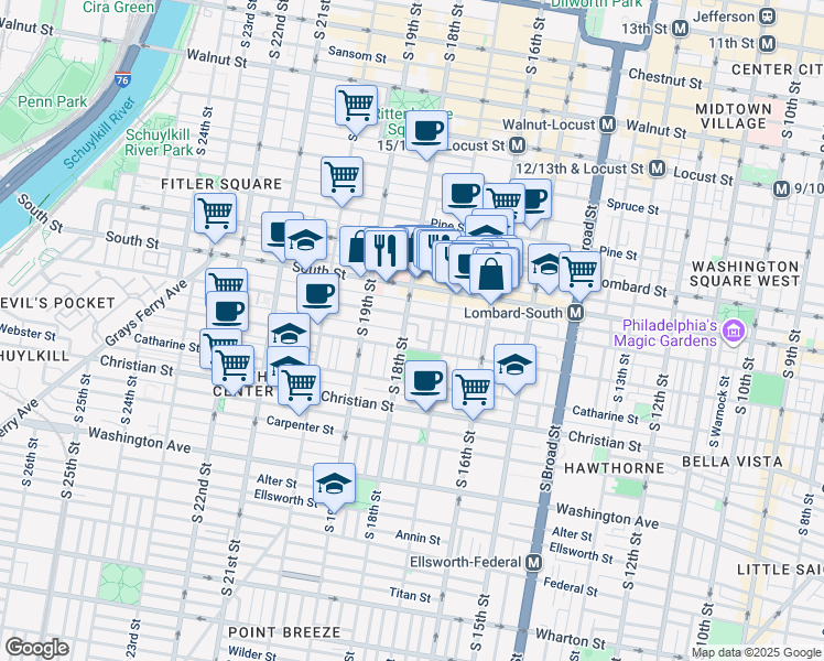 map of restaurants, bars, coffee shops, grocery stores, and more near 711 South 18th Street in Philadelphia
