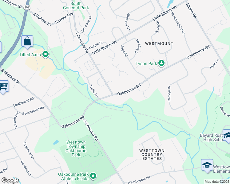 map of restaurants, bars, coffee shops, grocery stores, and more near 705 Oakbourne Road in West Chester