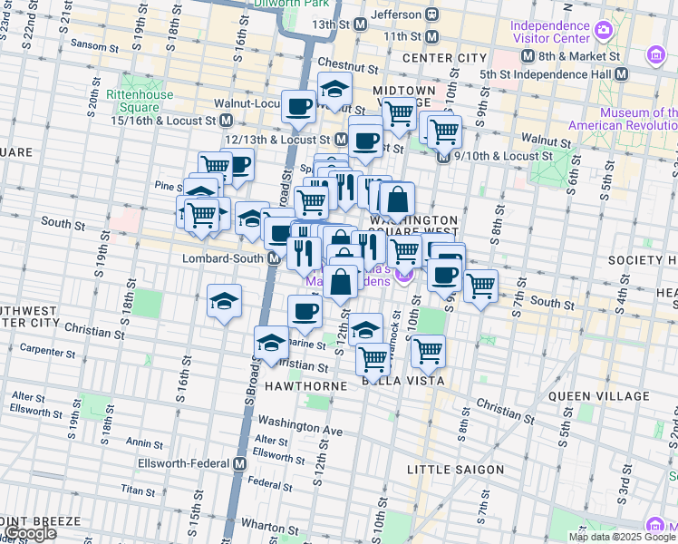 map of restaurants, bars, coffee shops, grocery stores, and more near 1240 South Street in Philadelphia