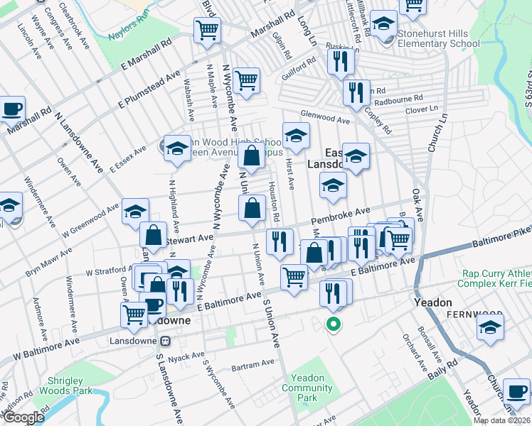 map of restaurants, bars, coffee shops, grocery stores, and more near 81 Hartley Road in Lansdowne