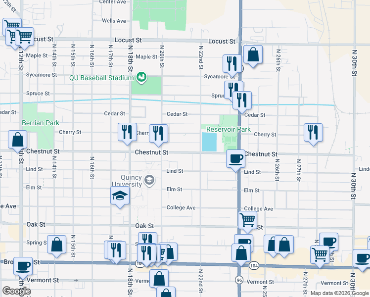 map of restaurants, bars, coffee shops, grocery stores, and more near 2025 Chestnut St in Quincy
