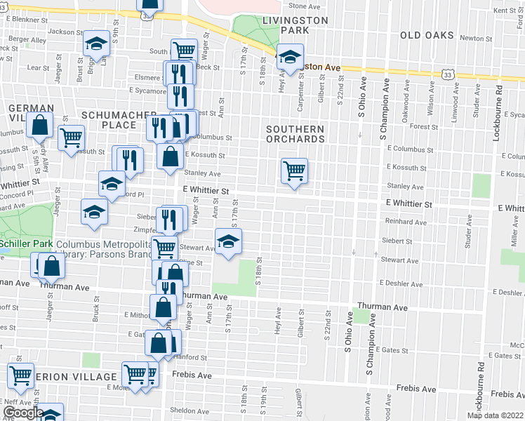 map of restaurants, bars, coffee shops, grocery stores, and more near S 18th St & Reinhard Ave in Columbus