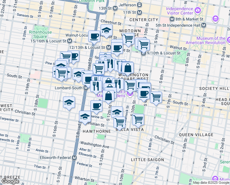map of restaurants, bars, coffee shops, grocery stores, and more near 1136 South Street in Philadelphia