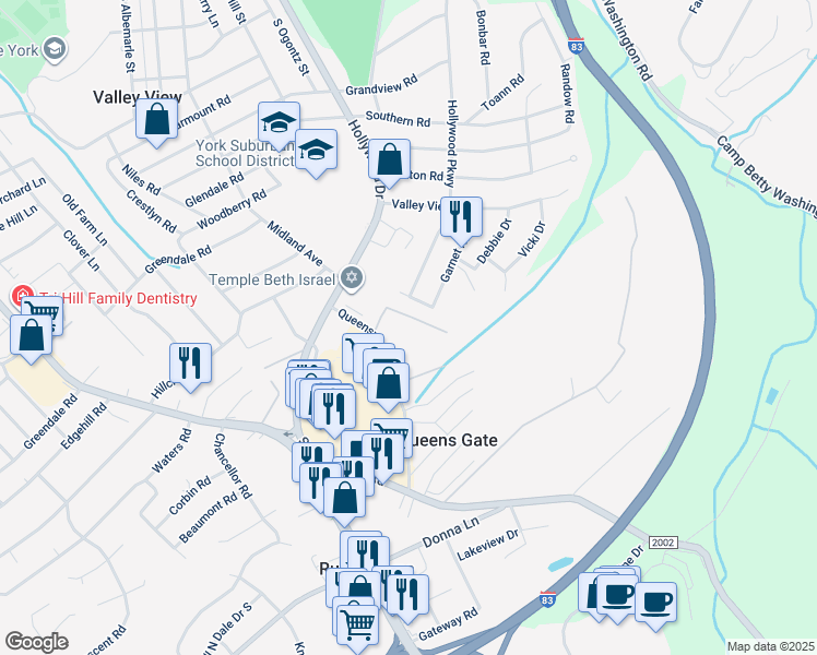 map of restaurants, bars, coffee shops, grocery stores, and more near 1927 Queenswood Drive in York