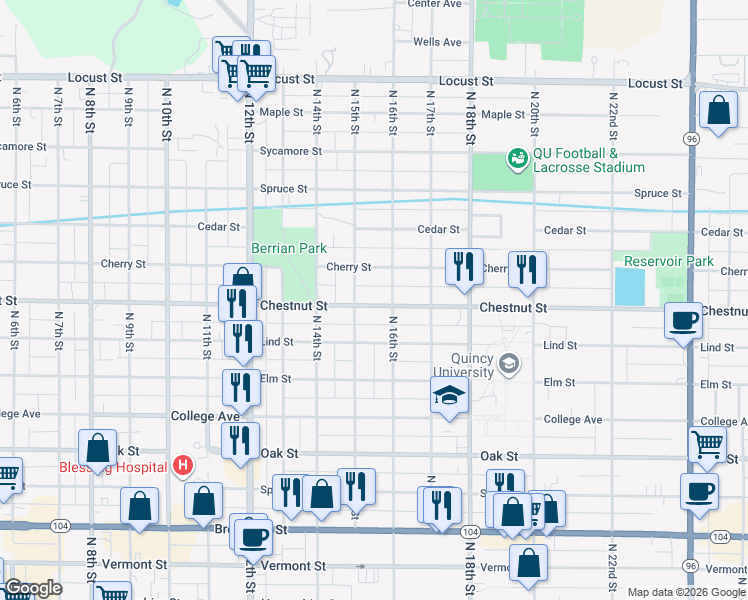 map of restaurants, bars, coffee shops, grocery stores, and more near 1016 North 16th Street in Quincy