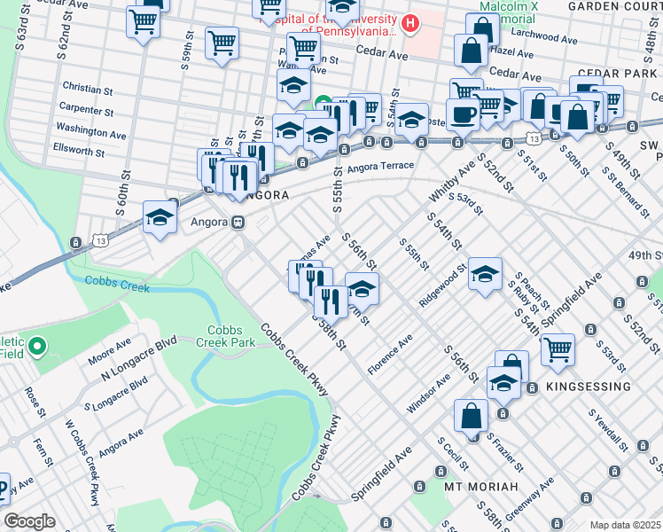 map of restaurants, bars, coffee shops, grocery stores, and more near 5647 Broomall Street in Philadelphia