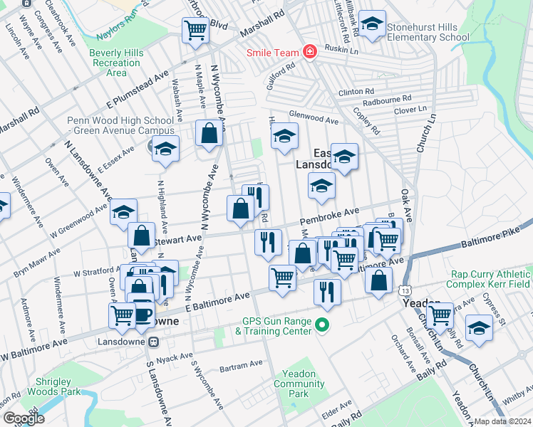 map of restaurants, bars, coffee shops, grocery stores, and more near 91 Houston Road in Lansdowne