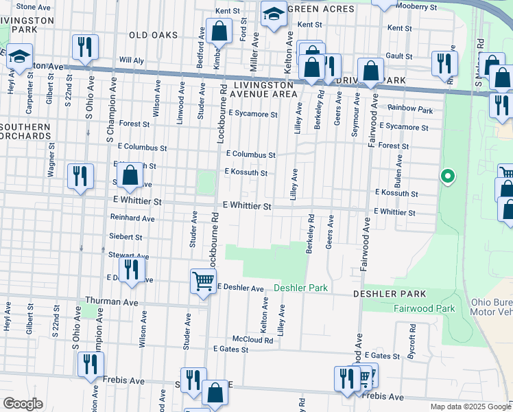 map of restaurants, bars, coffee shops, grocery stores, and more near E Whittier St & Ellsworth Ave in Columbus