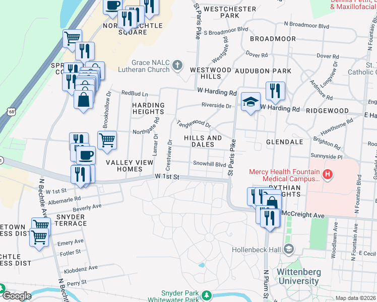 map of restaurants, bars, coffee shops, grocery stores, and more near 734 West 2nd Street in Springfield