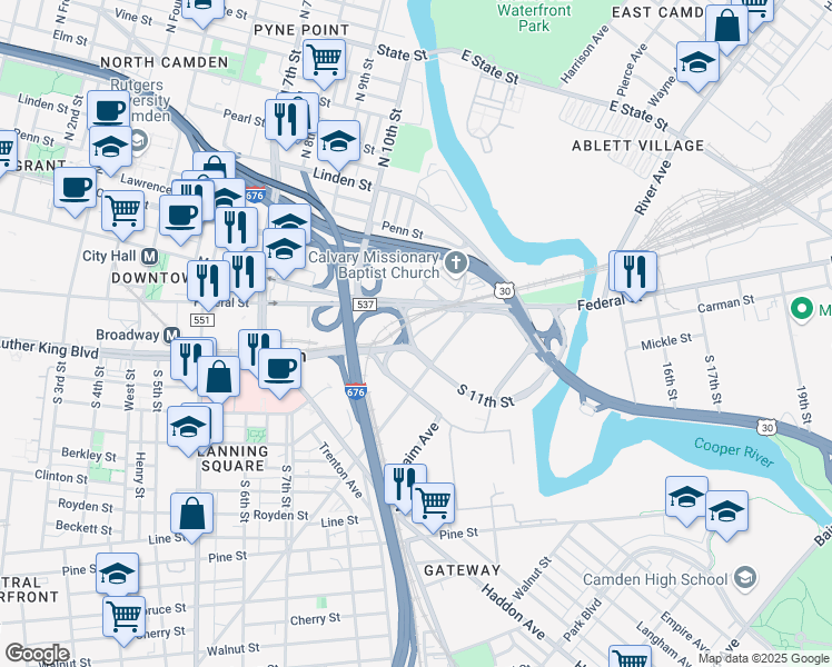 map of restaurants, bars, coffee shops, grocery stores, and more near 1165 Wright Avenue in Camden