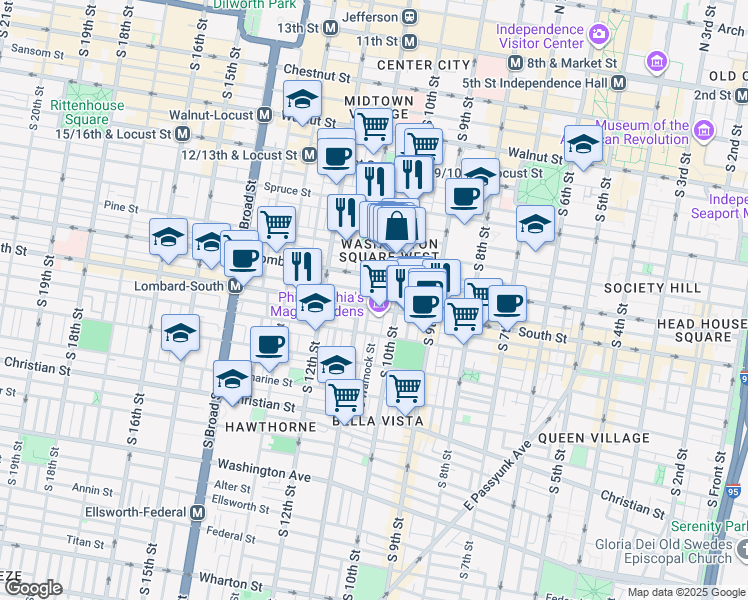 map of restaurants, bars, coffee shops, grocery stores, and more near 1000-42 Lombard Street in Philadelphia