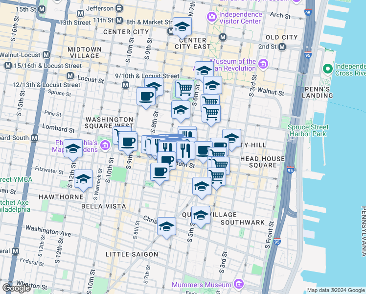 map of restaurants, bars, coffee shops, grocery stores, and more near 609 Lombard Street in Philadelphia