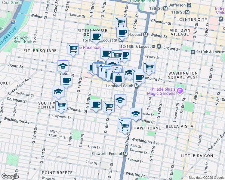 map of restaurants, bars, coffee shops, grocery stores, and more near S 16th St & Bainbridge St in Philadelphia