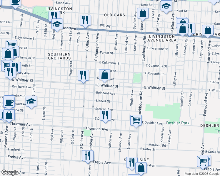 map of restaurants, bars, coffee shops, grocery stores, and more near 1073 Wilson Avenue in Columbus
