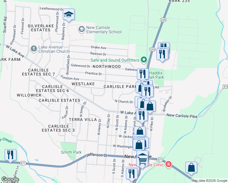 map of restaurants, bars, coffee shops, grocery stores, and more near 511 Scott Circle in New Carlisle