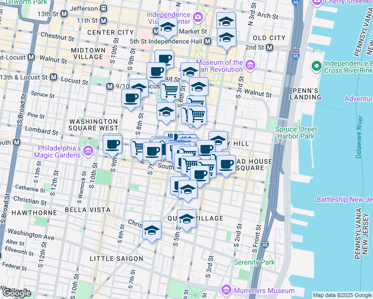 map of restaurants, bars, coffee shops, grocery stores, and more near 510 Addison Street in Philadelphia