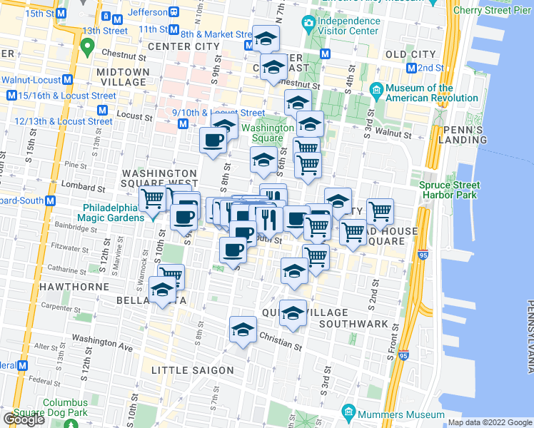 map of restaurants, bars, coffee shops, grocery stores, and more near 609 Lombard Street in Philadelphia