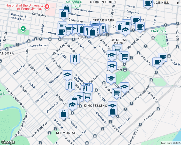 map of restaurants, bars, coffee shops, grocery stores, and more near 1122 South 52nd Street in Philadelphia