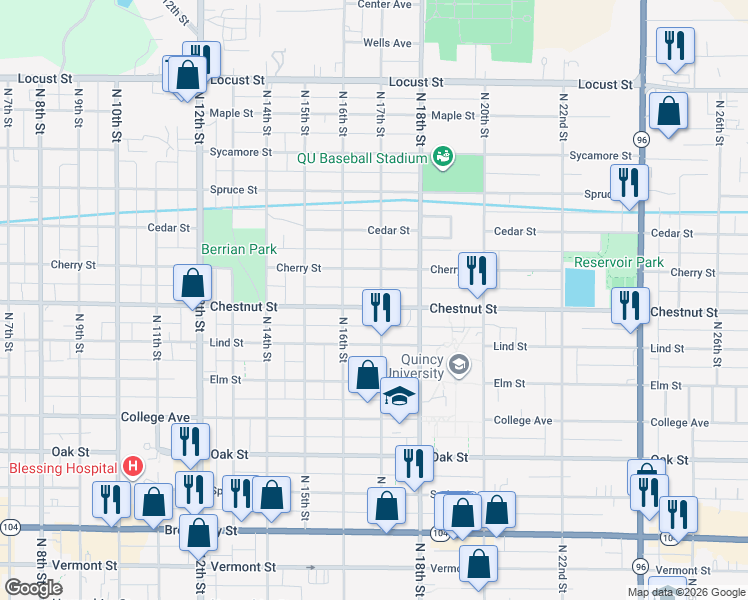 map of restaurants, bars, coffee shops, grocery stores, and more near 1001-1017 North 17th Street in Quincy