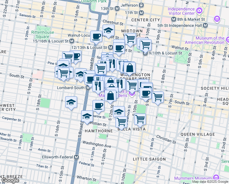 map of restaurants, bars, coffee shops, grocery stores, and more near 1201 South Street in Philadelphia
