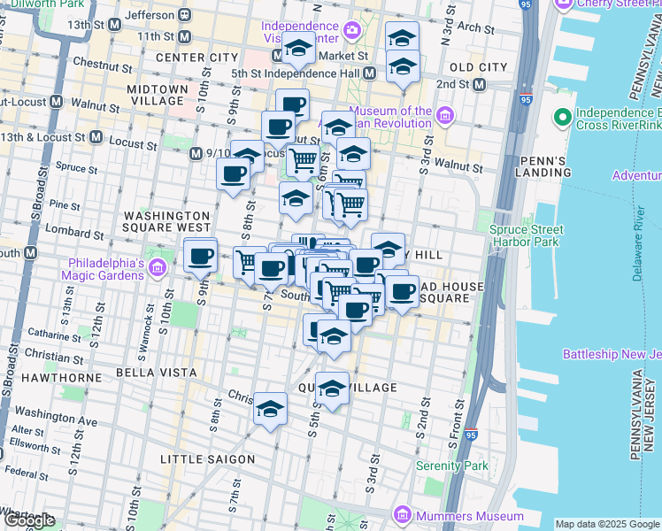 map of restaurants, bars, coffee shops, grocery stores, and more near 510 Addison Street in Philadelphia