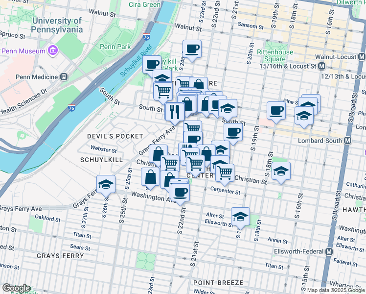 map of restaurants, bars, coffee shops, grocery stores, and more near 2227 Saint Albans Street in Philadelphia
