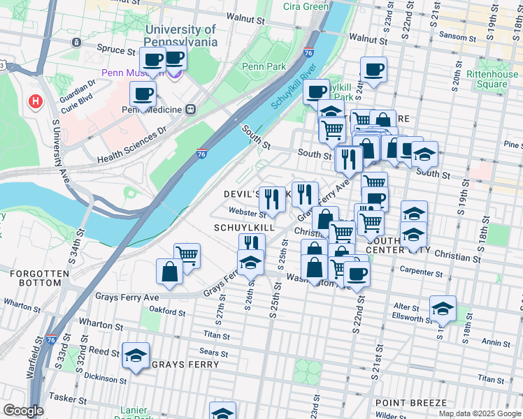 map of restaurants, bars, coffee shops, grocery stores, and more near 2610 Catharine Street in Philadelphia