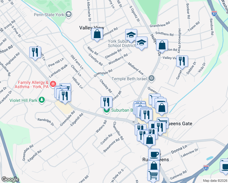 map of restaurants, bars, coffee shops, grocery stores, and more near 1847 Chesley Road in York