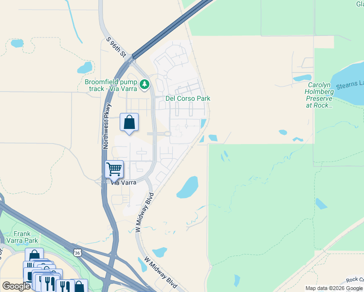 map of restaurants, bars, coffee shops, grocery stores, and more near 13630 Via Varra in Broomfield