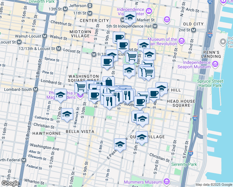 map of restaurants, bars, coffee shops, grocery stores, and more near 725 Lombard Street in Philadelphia