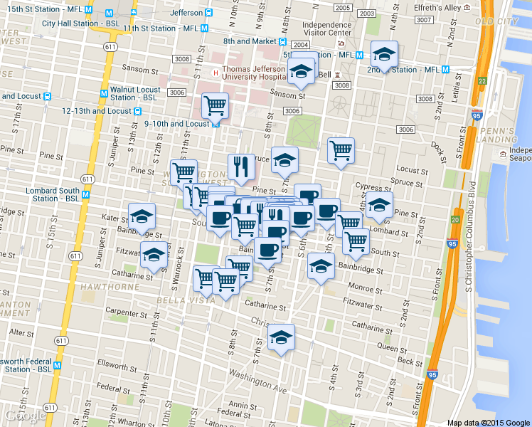 map of restaurants, bars, coffee shops, grocery stores, and more near 725 Lombard Street in Philadelphia