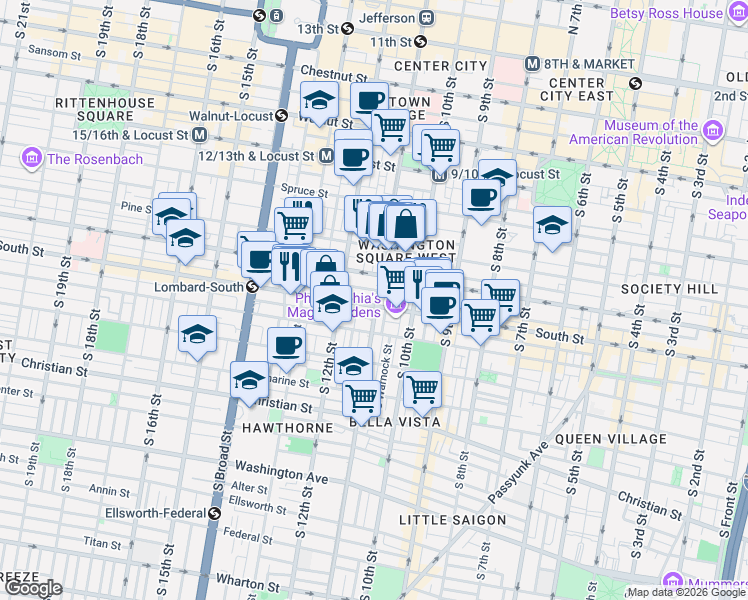 map of restaurants, bars, coffee shops, grocery stores, and more near 1106 Rodman Street in Philadelphia