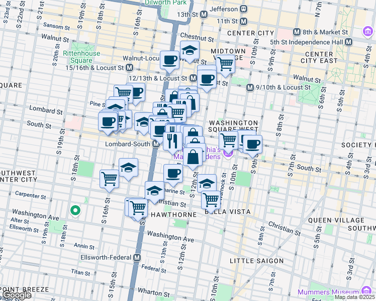 map of restaurants, bars, coffee shops, grocery stores, and more near 623 South Clarion Street in Philadelphia