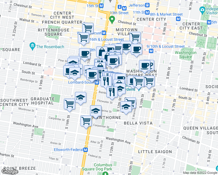 map of restaurants, bars, coffee shops, grocery stores, and more near in Philadelphia