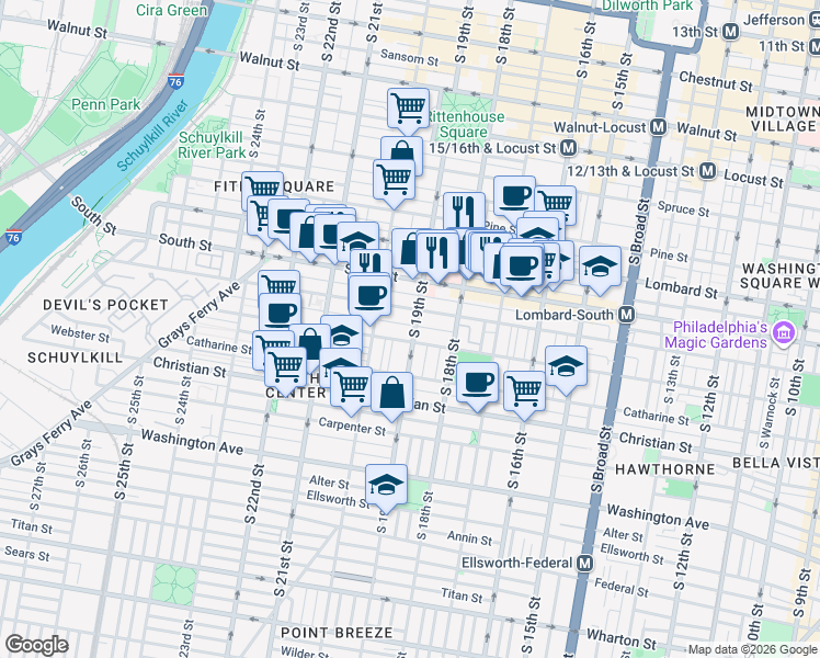 map of restaurants, bars, coffee shops, grocery stores, and more near 710 South 19th Street in Philadelphia