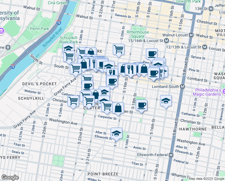 map of restaurants, bars, coffee shops, grocery stores, and more near 2004 Pemberton Street in Philadelphia