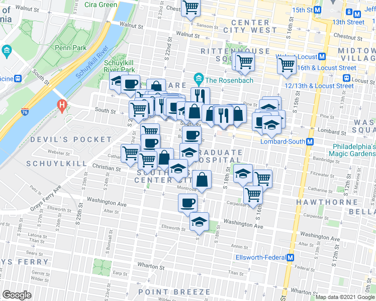map of restaurants, bars, coffee shops, grocery stores, and more near 2004 Pemberton Street in Philadelphia