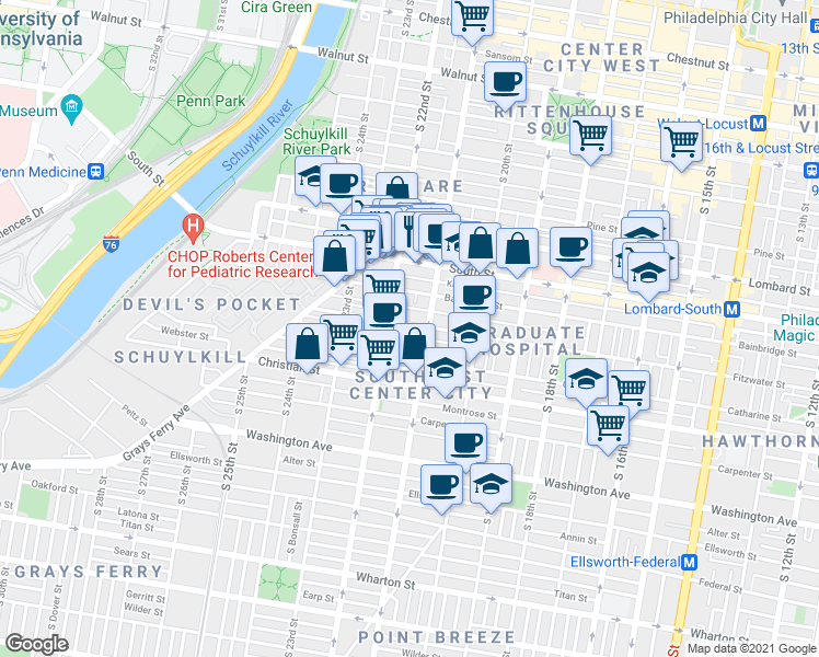 map of restaurants, bars, coffee shops, grocery stores, and more near 2131 Fitzwater Street in Philadelphia