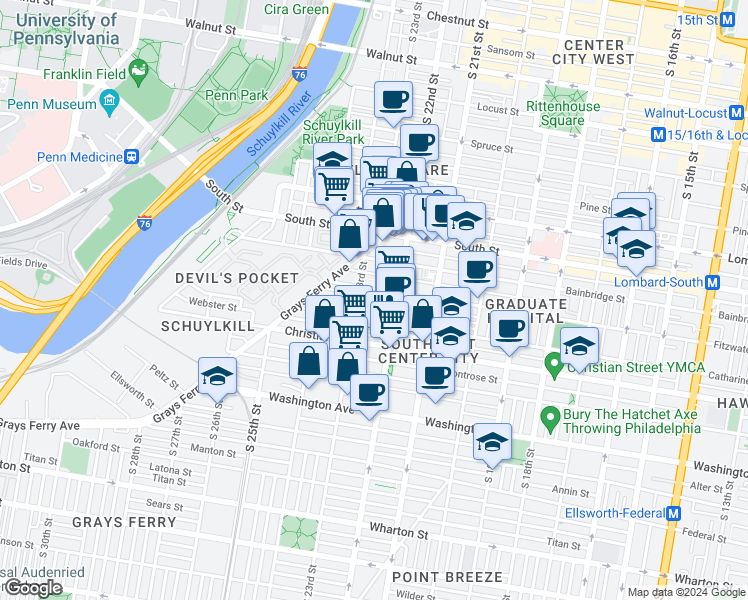 map of restaurants, bars, coffee shops, grocery stores, and more near 2230 Fitzwater Street in Philadelphia